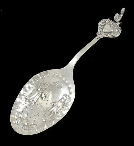 Antique c1860 Dutch Silver Genre Scene Hook End Punch Serving Spoon/Scoop 5.5"