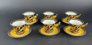 Pristine Set 6 Versace Rutherford Barocco Italy Gold Coffee Cups w Saucers
