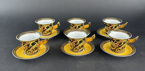 Pristine Set 6 Versace Rutherford Barocco Italy Gold Coffee Cups w Saucers