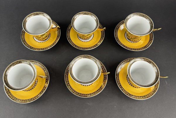 Pristine Set 6 Versace Rutherford Barocco Italy Gold Coffee Cups w Saucers