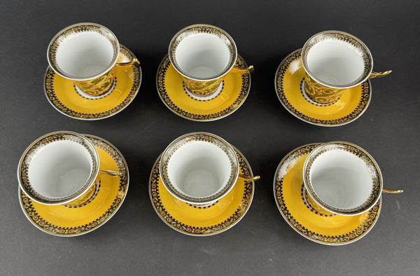 Pristine Set 6 Versace Rutherford Barocco Italy Gold Coffee Cups w Saucers