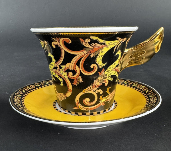 Pristine Set 6 Versace Rutherford Barocco Italy Gold Coffee Cups w Saucers