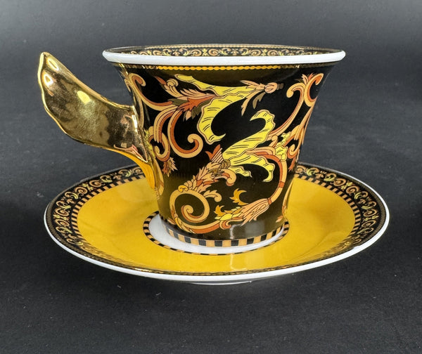 Pristine Set 6 Versace Rutherford Barocco Italy Gold Coffee Cups w Saucers