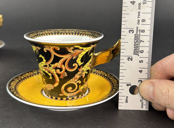 Pristine Set 6 Versace Rutherford Barocco Italy Gold Coffee Cups w Saucers