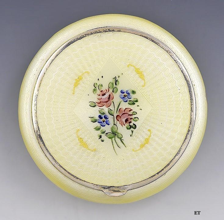 Charming c1910s Yellow Guilloche Enamel Floral Roses Rouge Blush Compact Mirror