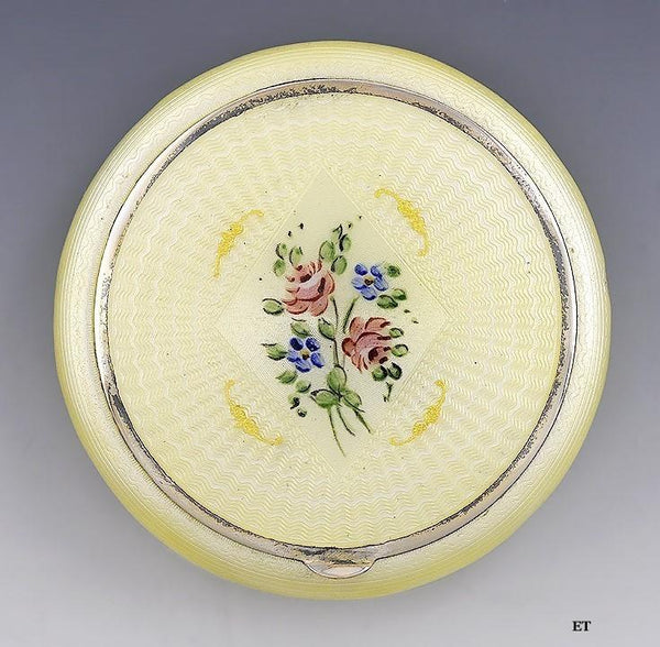 Charming c1910s Yellow Guilloche Enamel Floral Roses Rouge Blush Compact Mirror