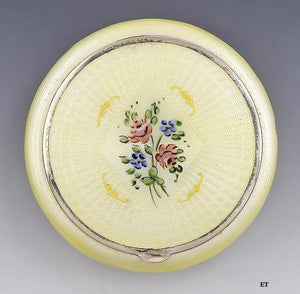 Charming c1910s Yellow Guilloche Enamel Floral Roses Rouge Blush Compact Mirror