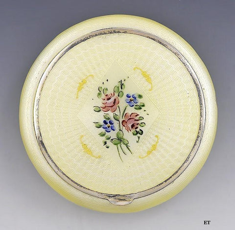 Charming c1910s Yellow Guilloche Enamel Floral Roses Rouge Blush Compact Mirror