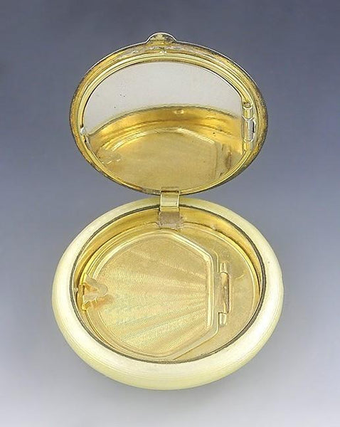 Charming c1910s Yellow Guilloche Enamel Floral Roses Rouge Blush Compact Mirror