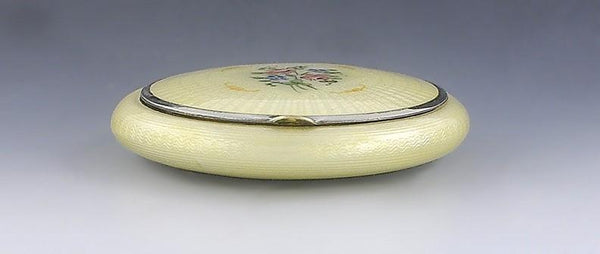 Charming c1910s Yellow Guilloche Enamel Floral Roses Rouge Blush Compact Mirror