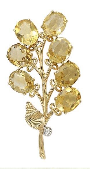 Vibrant 14K Bright Yellow Gold Citrine Diamond Floral Branch Pin Brooch
