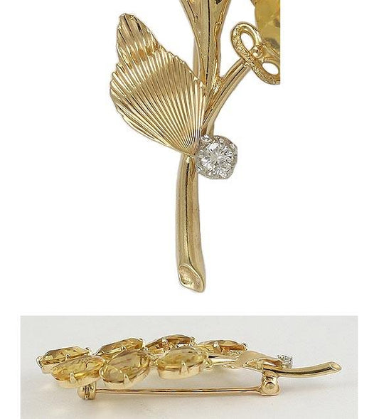 Vibrant 14K Bright Yellow Gold Citrine Diamond Floral Branch Pin Brooch