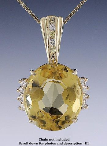 Stunning Huge 39ct Citrine .50ct Diamond 14k Yellow Gold Pendant