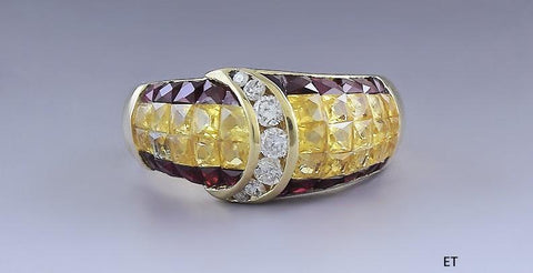 Stunning 18k Gold Ruby Yellow Sapphire & Diamond Crescent Ring