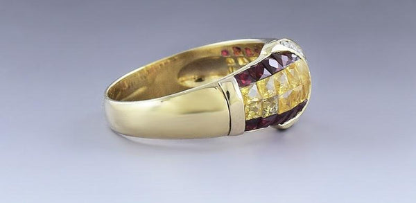 Stunning 18k Gold Ruby Yellow Sapphire & Diamond Crescent Ring