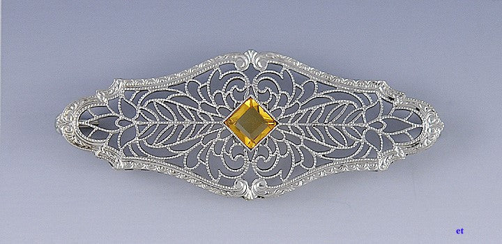 Finest Filigree 14k White Gold Citrine Victorian / Edwardian Bar Pin Brooch