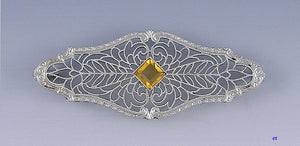 Finest Filigree 14k White Gold Citrine Victorian / Edwardian Bar Pin Brooch