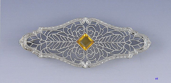 Finest Filigree 14k White Gold Citrine Victorian / Edwardian Bar Pin Brooch