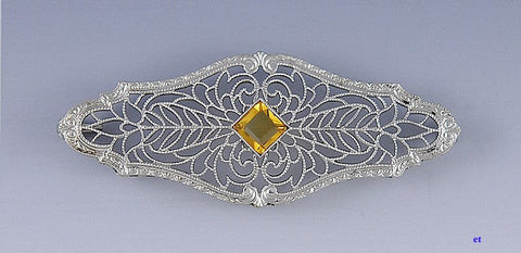 Finest Filigree 14k White Gold Citrine Victorian / Edwardian Bar Pin Brooch