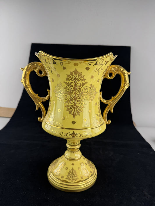 Wonderful c1900 English Coalport Yellow Gold Gilt Double Handle Urn Vase