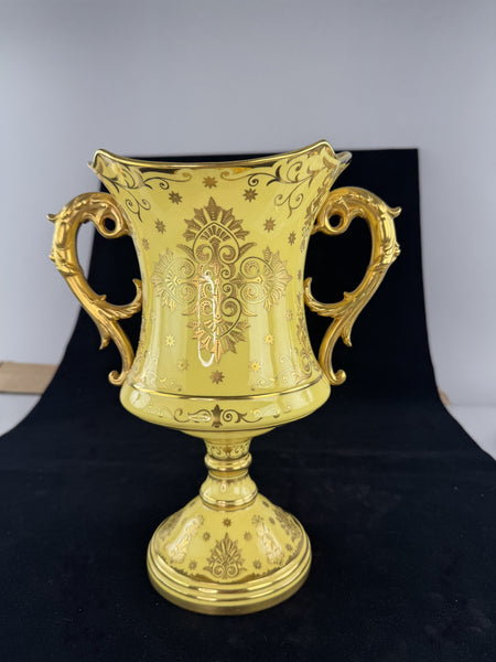 Wonderful c1900 English Coalport Yellow Gold Gilt Double Handle Urn Vase