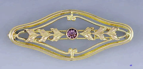 1915-35 Antique 10k Gold Amethyst Openwork Leaf Bar Pin Brooch