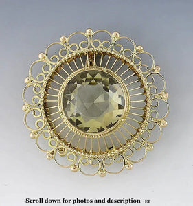 Lovely Vintage 15ct Citrine 14k Yellow Gold Filigree Brooch