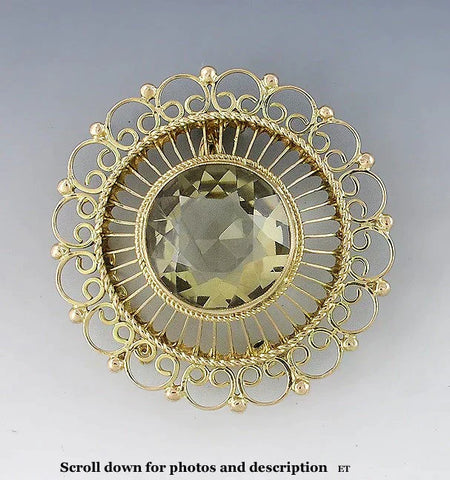 Lovely Vintage 15ct Citrine 14k Yellow Gold Filigree Brooch