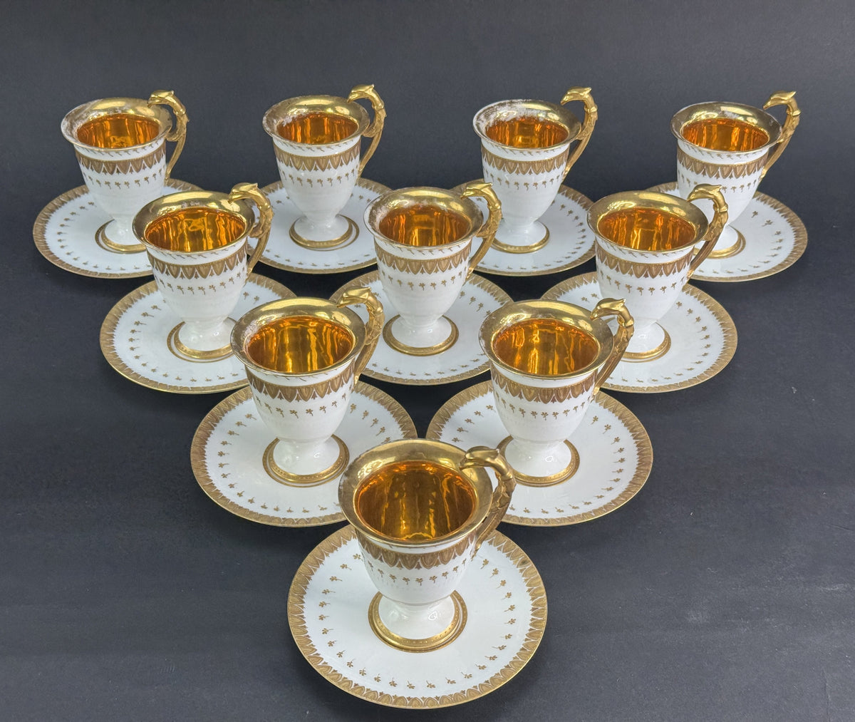 Elegant Antique Limoges Porcelain Cups and Saucers, Eagle Head Handles