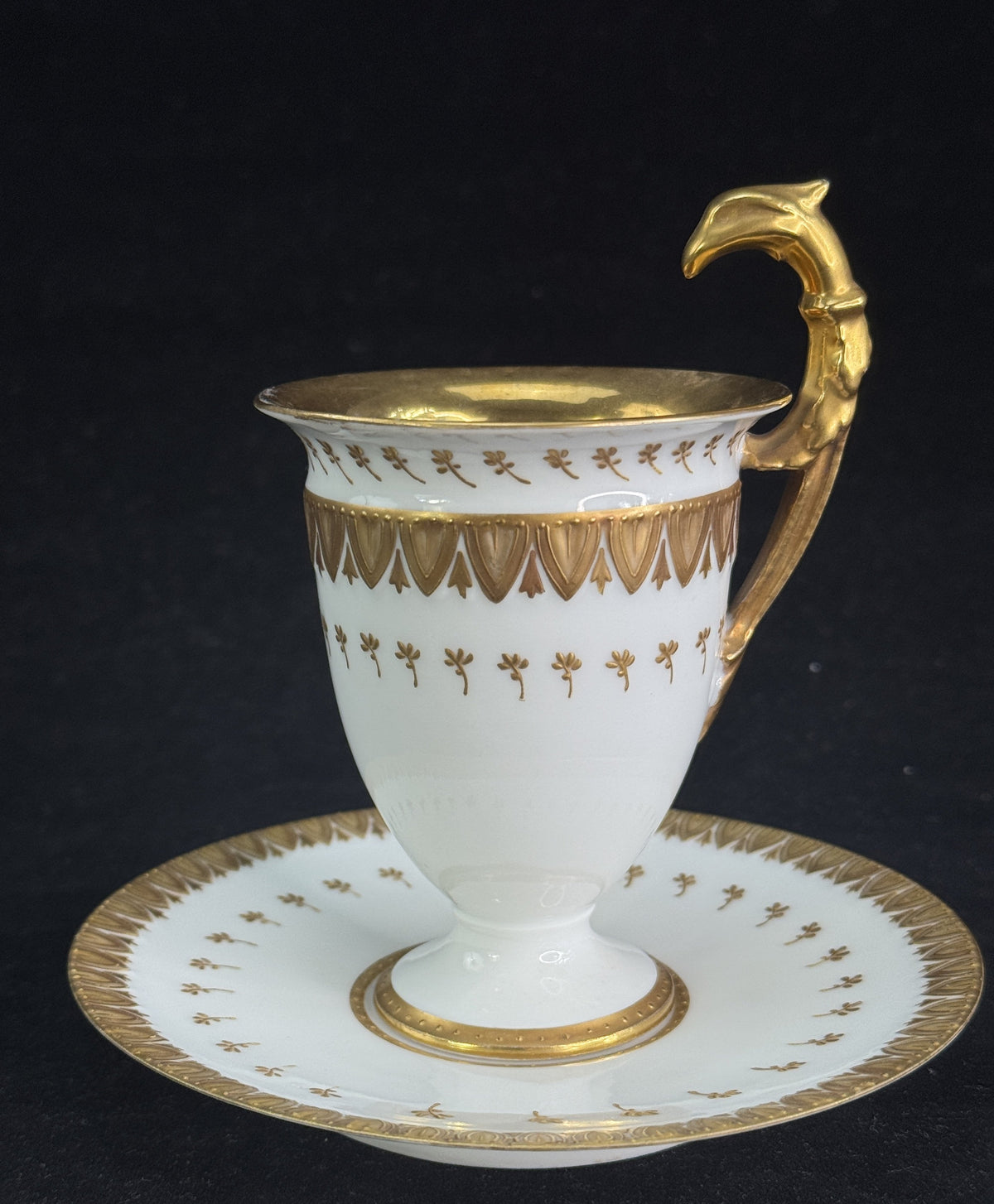 Elegant Antique Limoges Porcelain Cups and Saucers, Eagle Head Handles