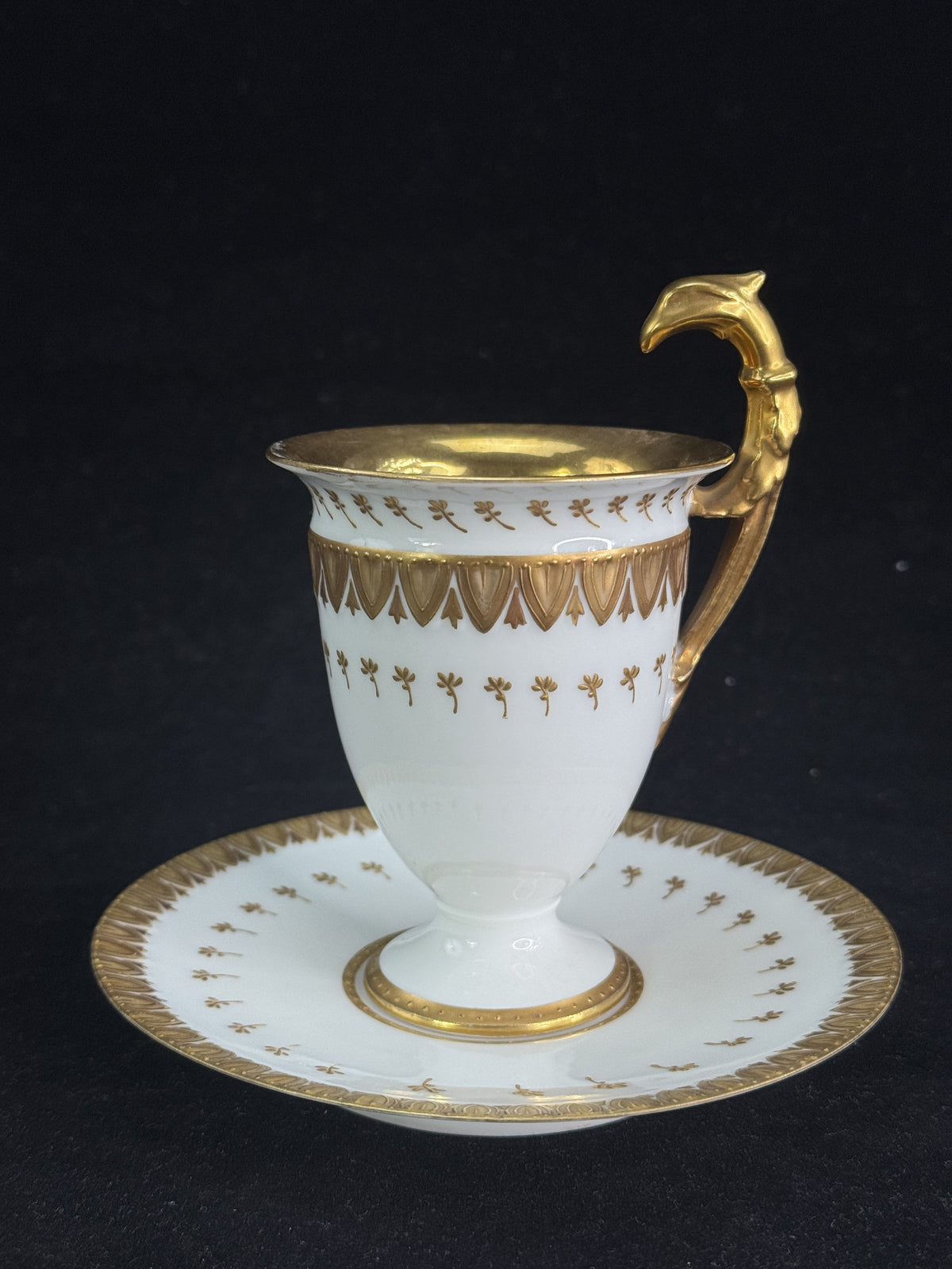 Elegant Antique Limoges Porcelain Cups and Saucers, Eagle Head Handles