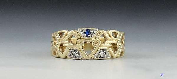 Geometric Triangle 14K Yellow Gold Diamond Blue Sapphire Ring Size 5