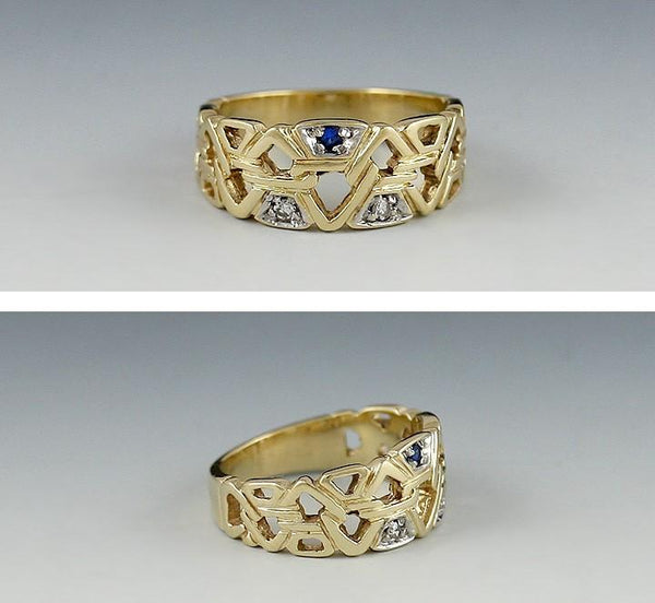 Geometric Triangle 14K Yellow Gold Diamond Blue Sapphire Ring Size 5