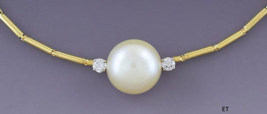 Elegant 18k Yellow Gold Diamond Mabe Pearl Cylinder Chain Necklace