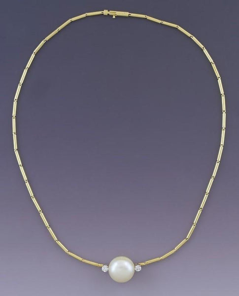 Elegant 18k Yellow Gold Diamond Mabe Pearl Cylinder Chain Necklace