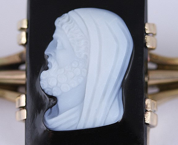 Antique Victorian 14k Gold Carved Hardstone Homer Cameo Bar Pin Brooch 1880s