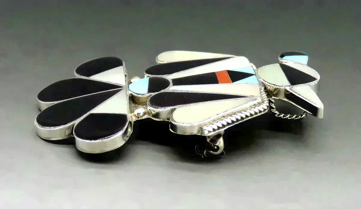 Native American Zuni Dishta Sterling Silver Onyx Shell Thunderbird Pin/Pendant