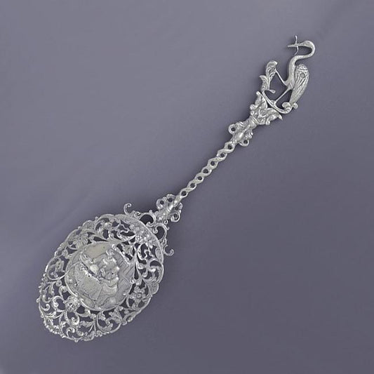 Antique 1909 Dutch Silver Art Nouveau Stork Newborn Baby Theme Serving Spoon
