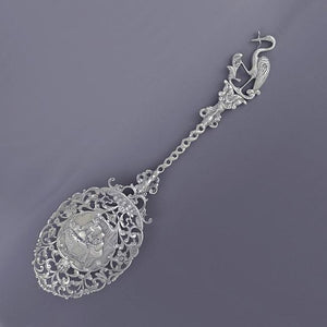 Antique 1909 Dutch Silver Art Nouveau Stork Newborn Baby Theme Serving Spoon