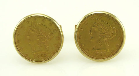 USA Liberty Head coins made into toggle backed men's cufflinks, set into 14k gold and made in 1893.