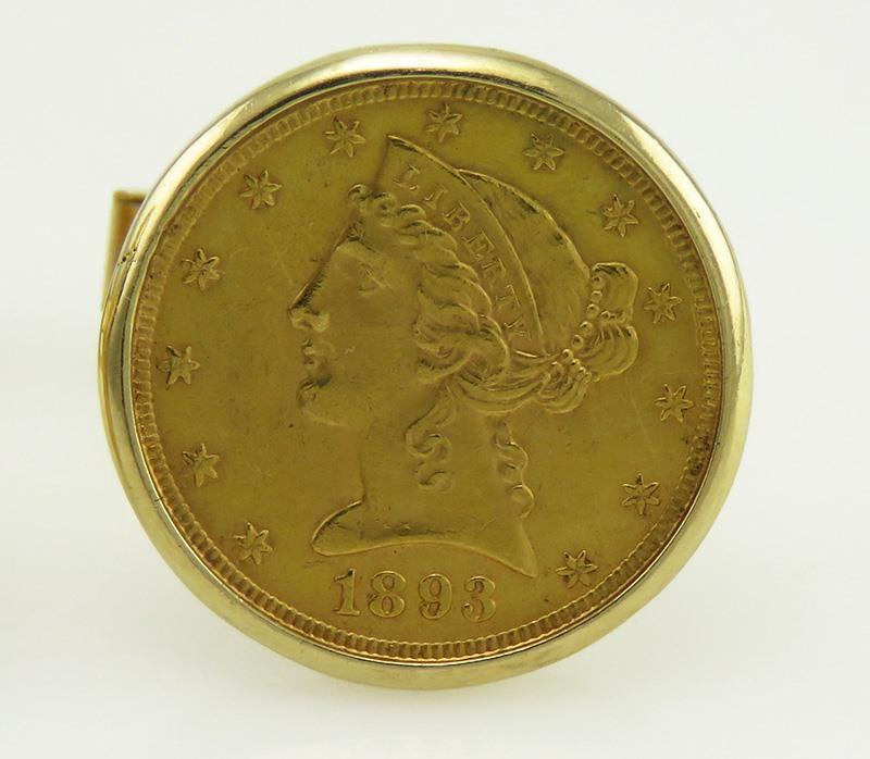 1893 USA Liberty Head Coin Yellow Gold 14K Toggle Backs Mens Cufflinks