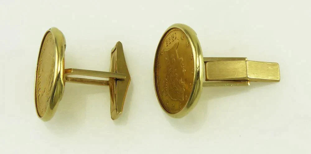 1893 USA Liberty Head Coin Yellow Gold 14K Toggle Backs Mens Cufflinks
