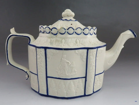 Antique c1810 English Glazed Bisque Porcelain Pottery White Blue Teapot
