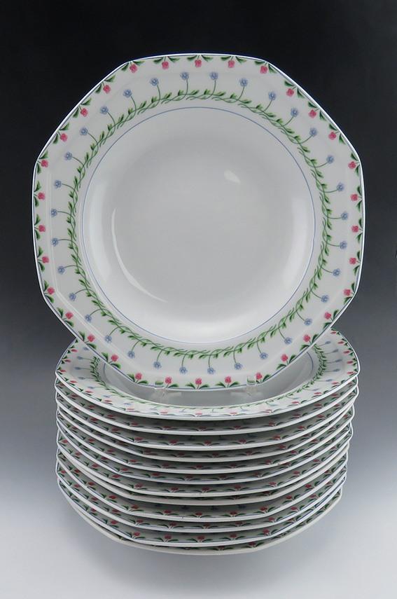 set of 13 porcelain soup bowls, Christopher Stuart, Bali Hai pattern.