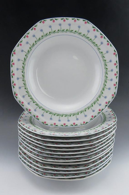 set of 13 porcelain soup bowls, Christopher Stuart, Bali Hai pattern.