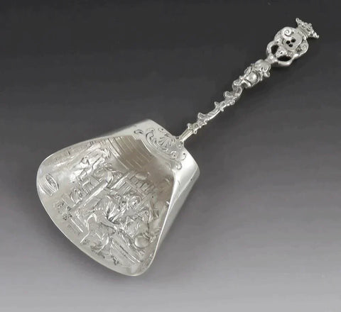 Antique c1900 Dutch Style Hanau German Silver Pub Scene Scoop Spoon