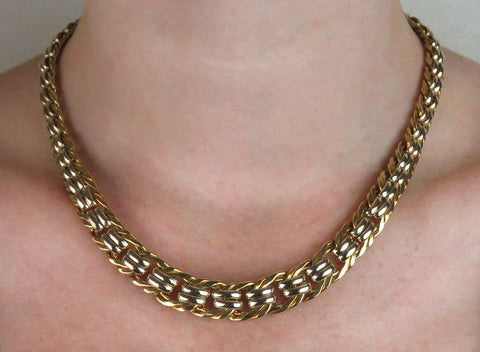 Stunning Italy 18K Gold 2Tone Twirled Graduated Link Chain Necklace 16.5 Inches