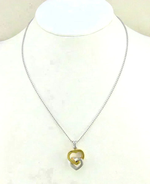 18K White & Yellow Gold Interlocking Hearts Love Pendant Necklace Ball Chain