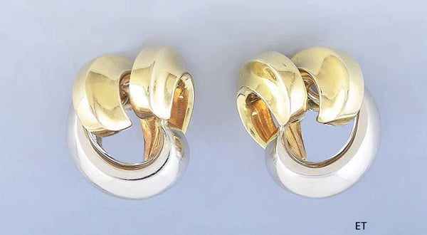 Beautiful Italian 18k White & Yellow Gold Swirl Clip on Earrings