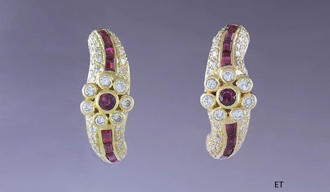 Gorgeous Pair 18k Gold ~1.5ct Diamond & Ruby Swirl Earrings